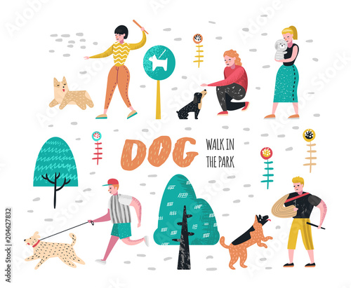 People Training Dogs in the Park. Characters Walking Outside with Pets. Vector illustration