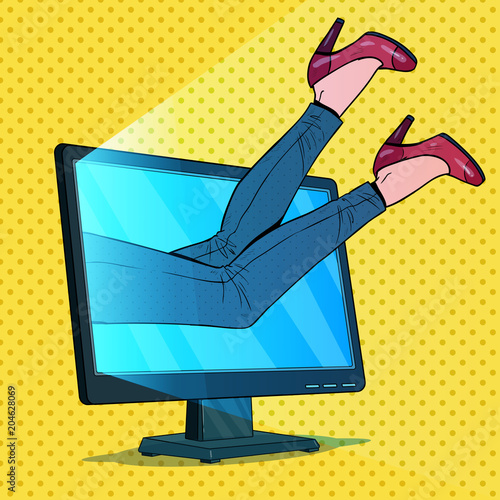Pop Art Business Woman Absorbed by Computer. Woman Inside Monitor. Internet Addiction. Vector illustration