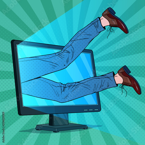 Pop Art Businessman Absorbed by Computer. Man Inside Monitor. Internet Addiction. Vector illustration