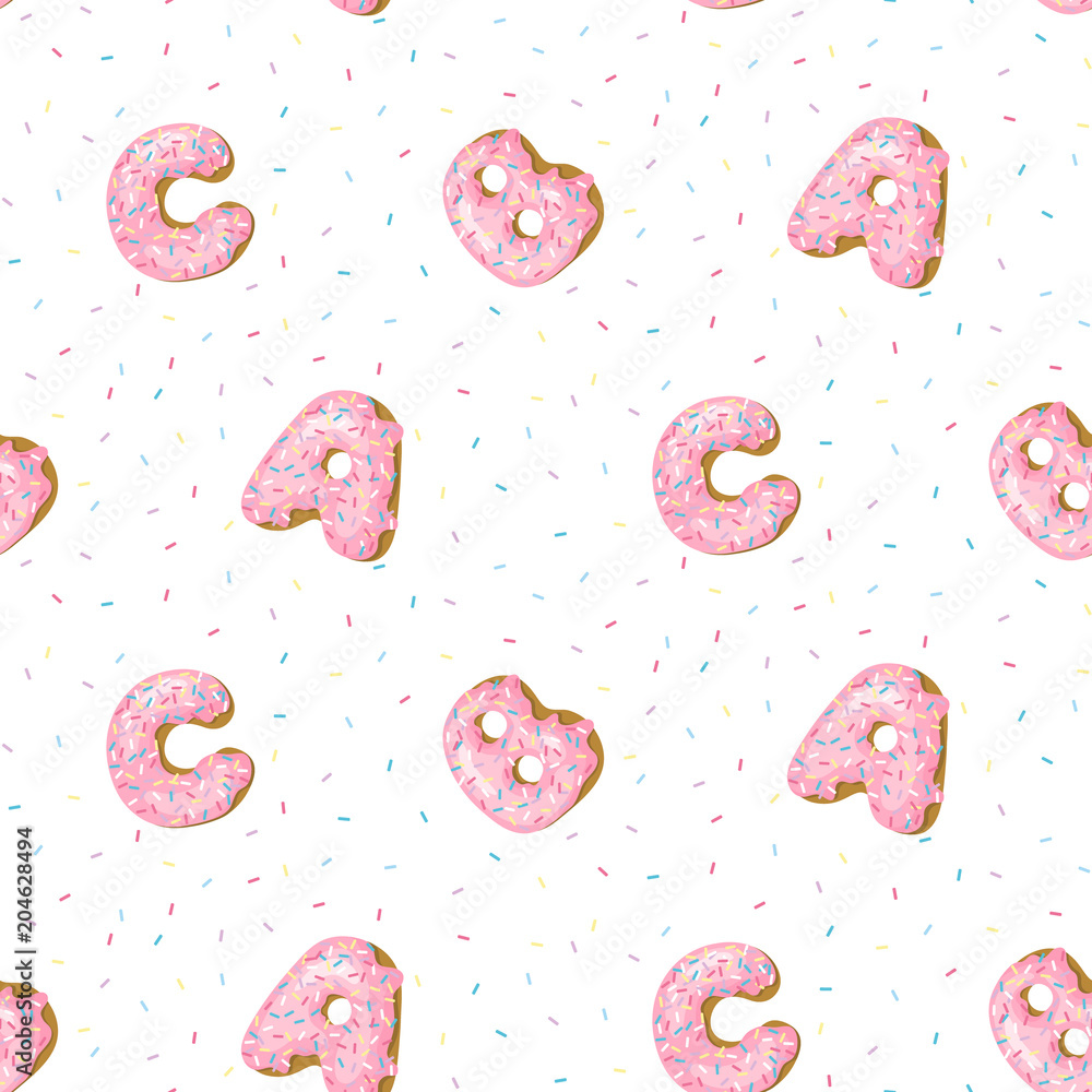 Cartoon seamless pattern with ABC donuts letters. Donut funny print. Vector  wallpaper. Stock Vector | Adobe Stock