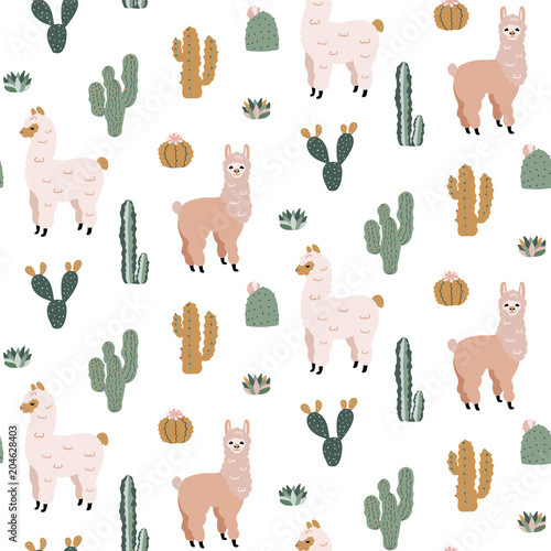 Seamless pattern with cute Alpacas and Cacti. Childish vector print. Good for fabric design.