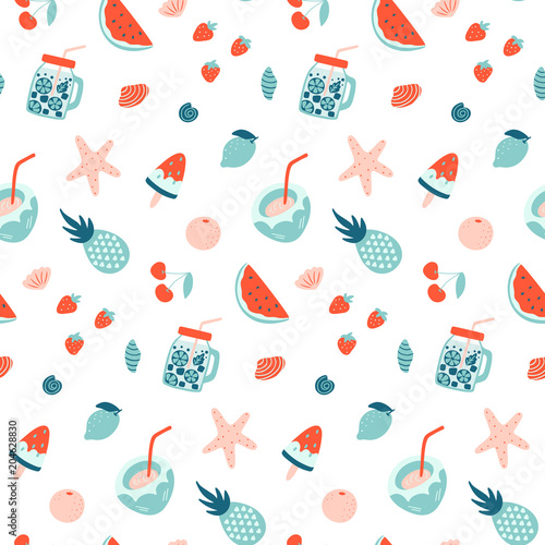 Summer seamless pattern. Fruits and cocktails. Vacation mood. Vector wallpaper.