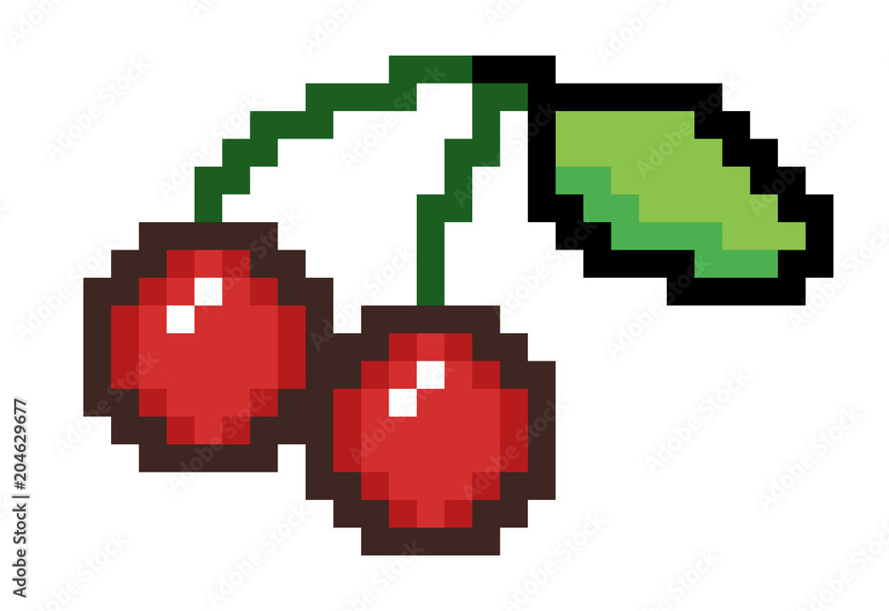Pixel art: a pair of ripe red cherries, united by the stems, with a small leaf at the end.
Pixel art: a pair of ripe red cherries, united by the stems, with a small leaf at the end.