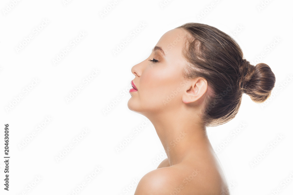 Beautiful Spa woman on white isolate background. Profile, close up Beautiful Spa woman on white isolate background. Profile, close up
