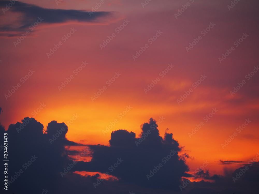 Blue and red sky with soft pink colorful clouds at the sunset background