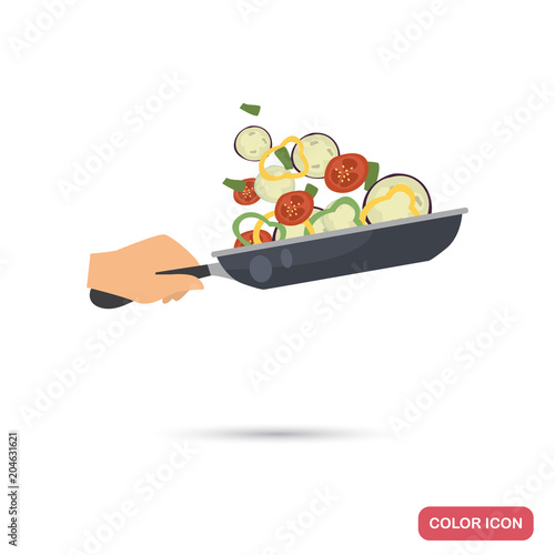 The process of frying vegetables in a frying pan color flat illustration