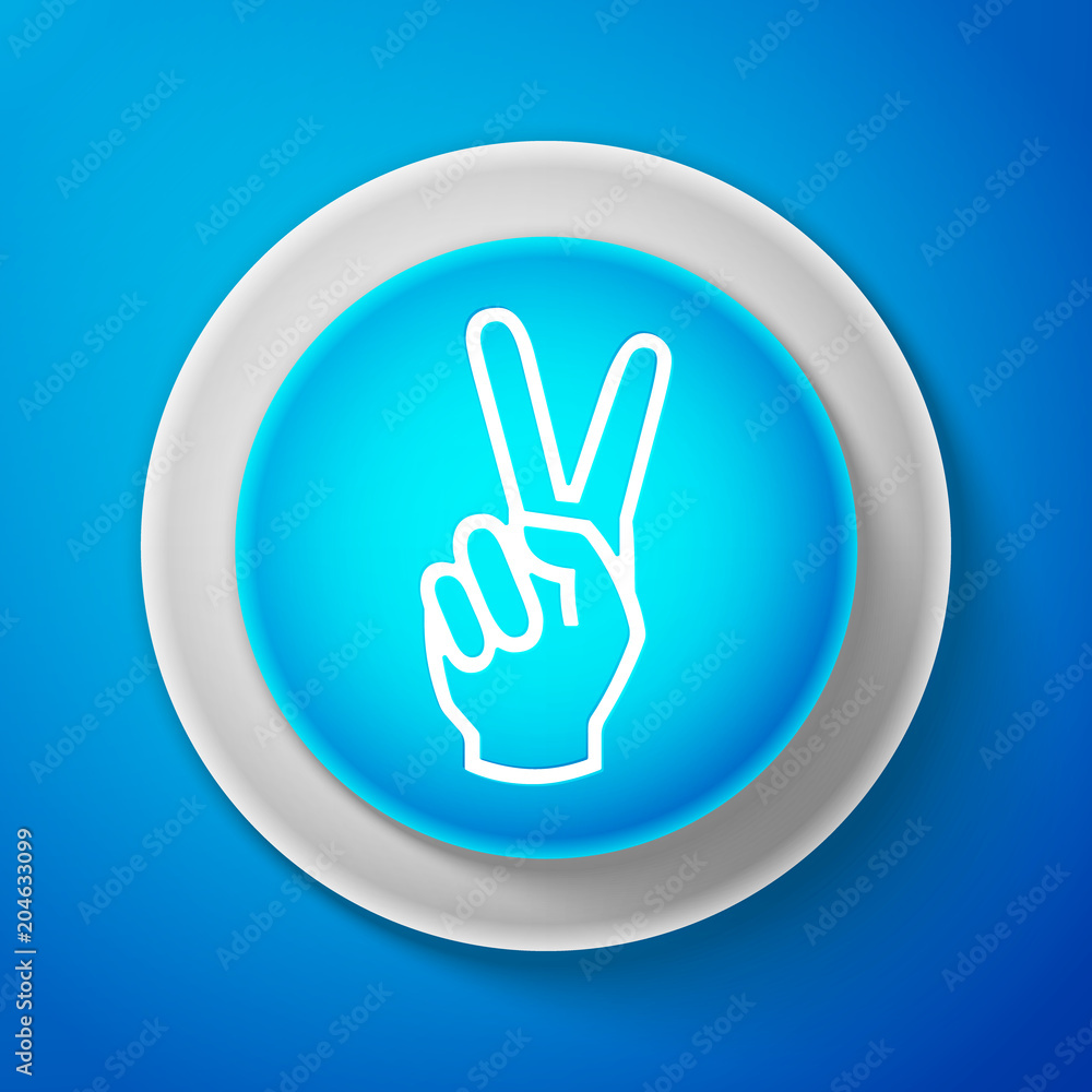 White Hand showing two finger icon isolated on blue background. Victory hand sign. Circle blue button with white line. Vector Illustration White Hand showing two finger icon isolated on blue background. Victory hand sign. Circle blue button with white line. Vector Illustration