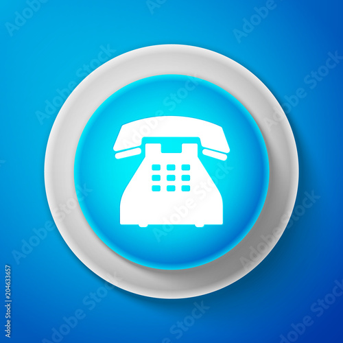 White Telephone icon isolated on blue background. Landline phone. Circle blue button with white line. Vector Illustration
