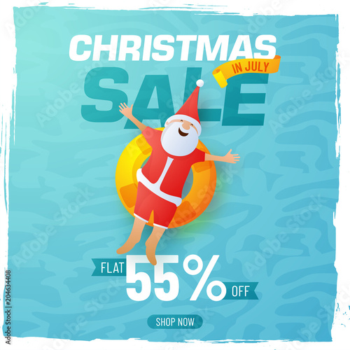 Christmas sale poster, banner or flyer design with happy Santa Claus and flat 55% off offers on blue background.