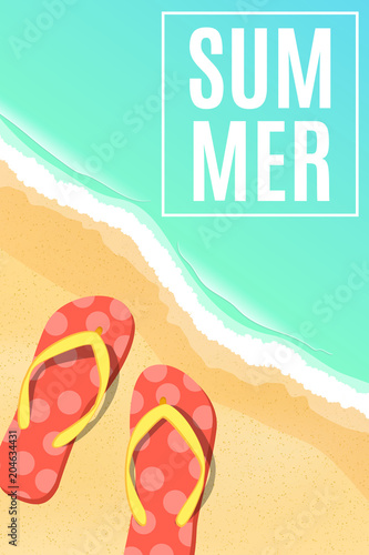 Summer seasonal poster. Beach flip flops. Sea shore. Cartoon flat style. Bathing season. Vector illustration