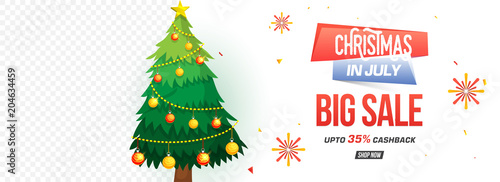 Christmas sale header, banner or poster design with decorated Xmas Tree and space for your image. Upto 35% cashback offers.