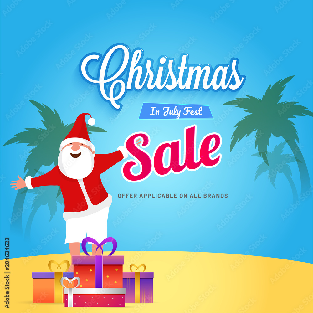 christmas-in-july-fest-poster-banner-or-flyer-design-with-happy-santa-chilling-on-beach-with