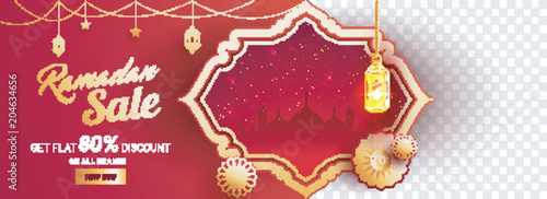 Ramadan sale, web banner design with 60% discount offers, mosque illustration, hanging lanterns and space for your product image on red background.
