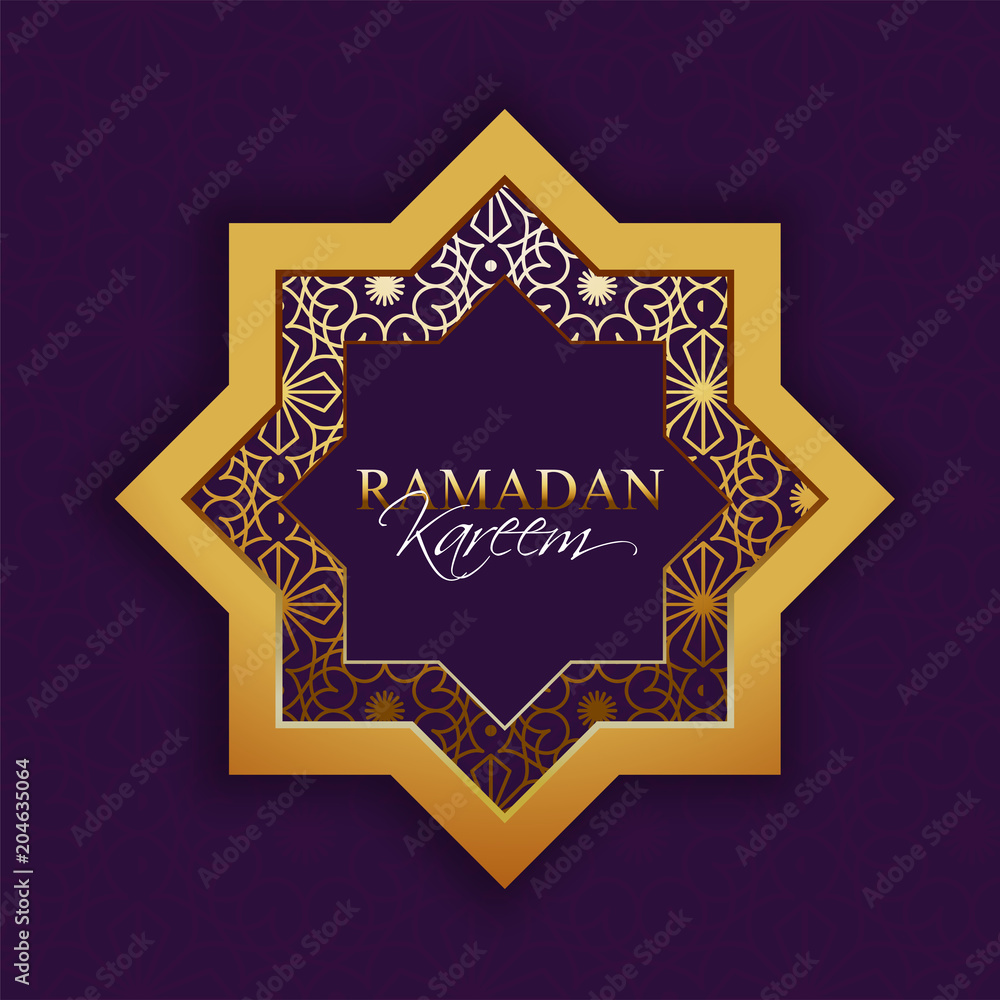 Ramadan Kareem festival celebration with golden star and floral patterned on purple background.
