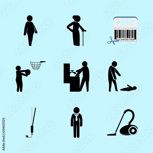 icons about Human with mom, couple, cleanup, barcode and bathroom
