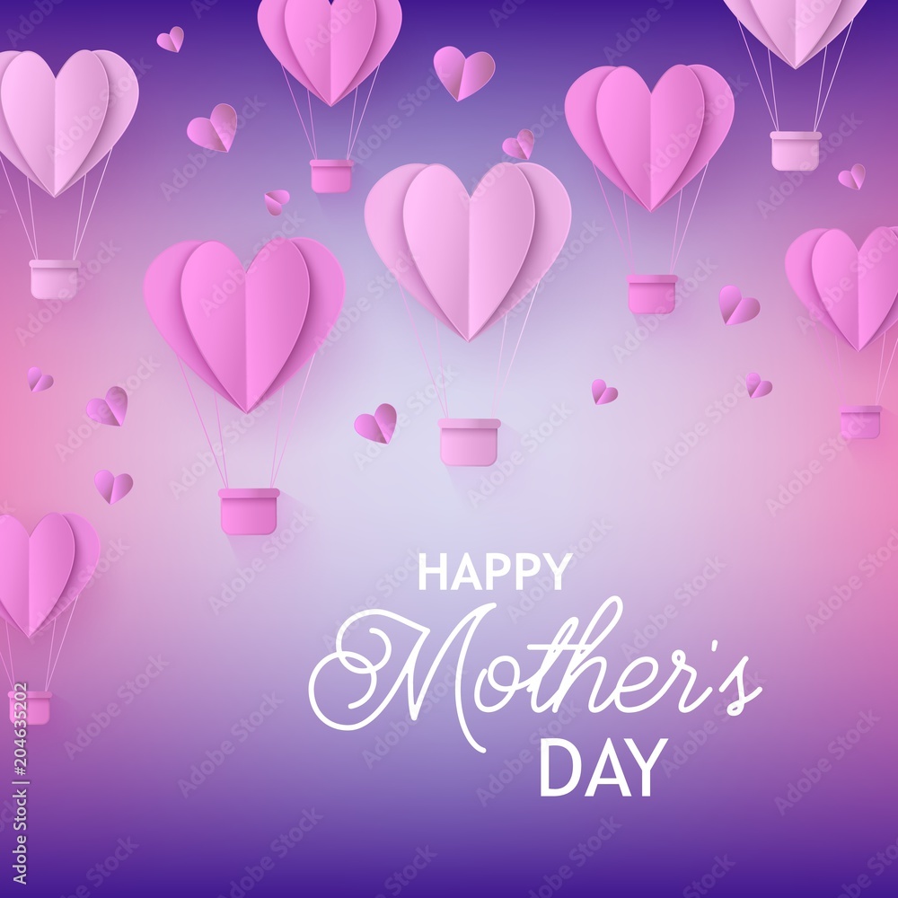 Pink hot air balloons in form of hearts in paper art on gradient violet background for Mothers Day banner - vector illustration of abstract aerostat and hearts made from paper or cardboard.