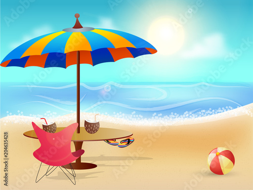 Summer beach background with umbrella, table and chair, sunny day background.