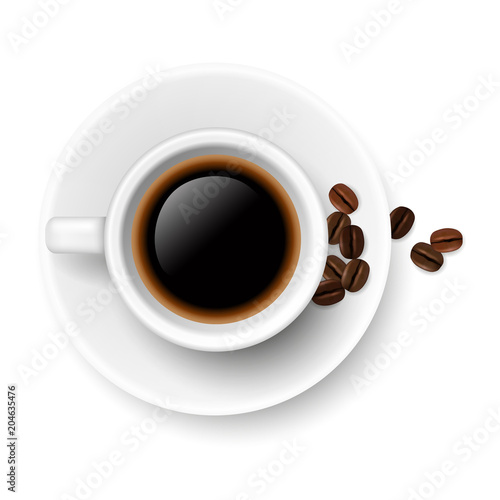 Vector realistic ceramic coffee cup on a plate with hot coffee and coffee beans isolated on white background