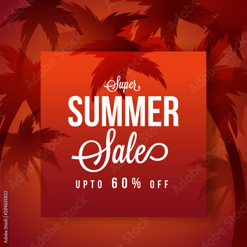 Summer Sale, poster, banner or flyer design with 60% off offers, and red palm trees.