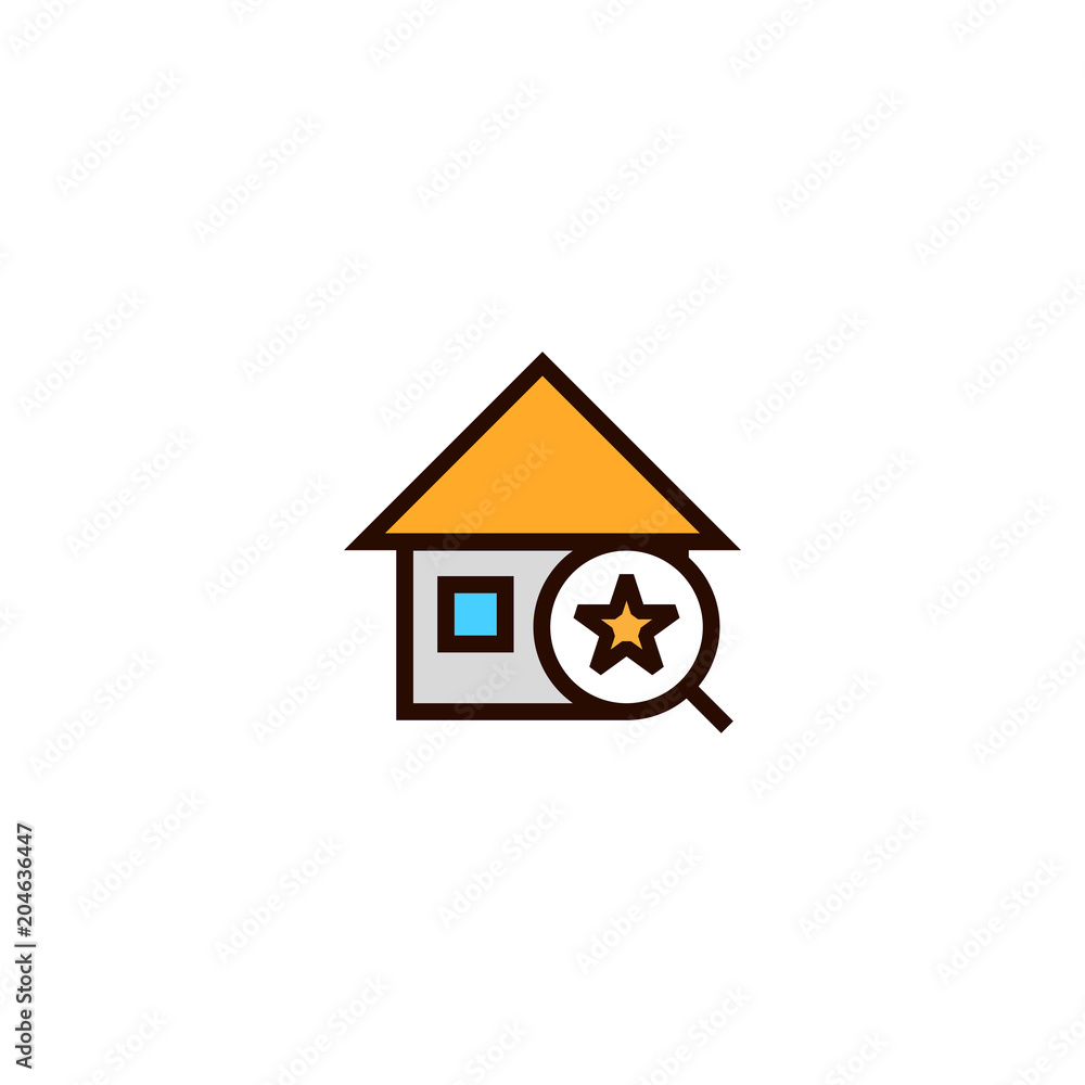 search favorite house icon. home with magnifying glass and star symbol. simple clean thin outline style design. search favorite house icon. home with magnifying glass and star symbol. simple clean thin outline style design.