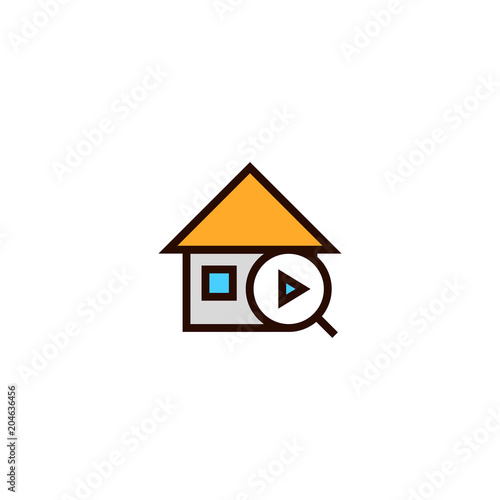 next house search icon. home with magnifying glass and arrow symbol. simple clean thin outline style design.