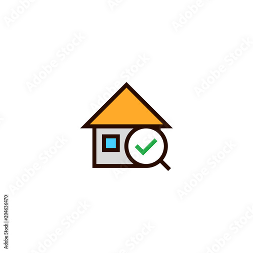 recommended house search icon. home with magnifying glass and okay check symbol. simple clean thin outline style design.