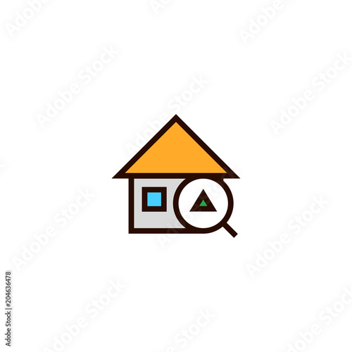 up house search icon. home with magnifying glass and arrow symbol. simple clean thin outline style design.