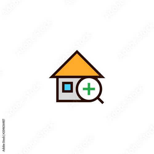 add house search icon. home with magnifying glass and plus symbol. simple clean thin outline style design.