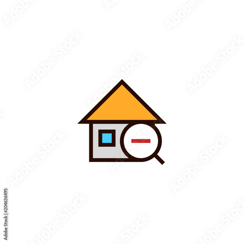 minus house search icon. home with magnifying glass and stripe symbol. simple clean thin outline style design.