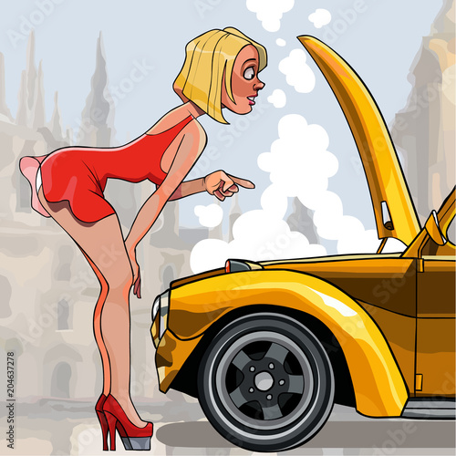 cartoon sexy woman looking under the hood of a car