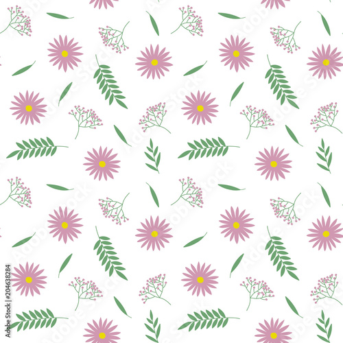 spring small pink flowers green leaves branches pattern seamless vector