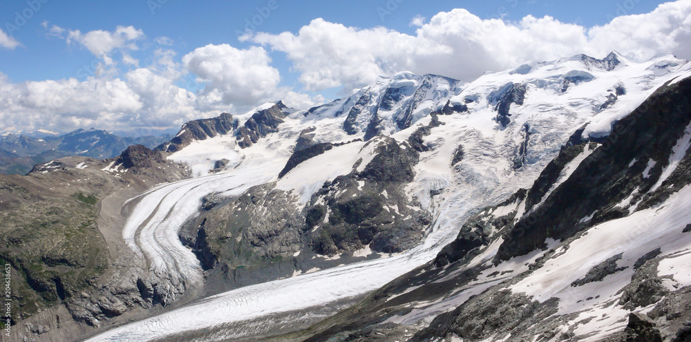 panorama mountain landscape with high alpine peaks and torn and wild glaciers