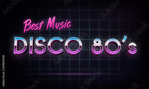 Disco 80's best music - banner. Retro 1980's neon grid in space. Vector illustration.