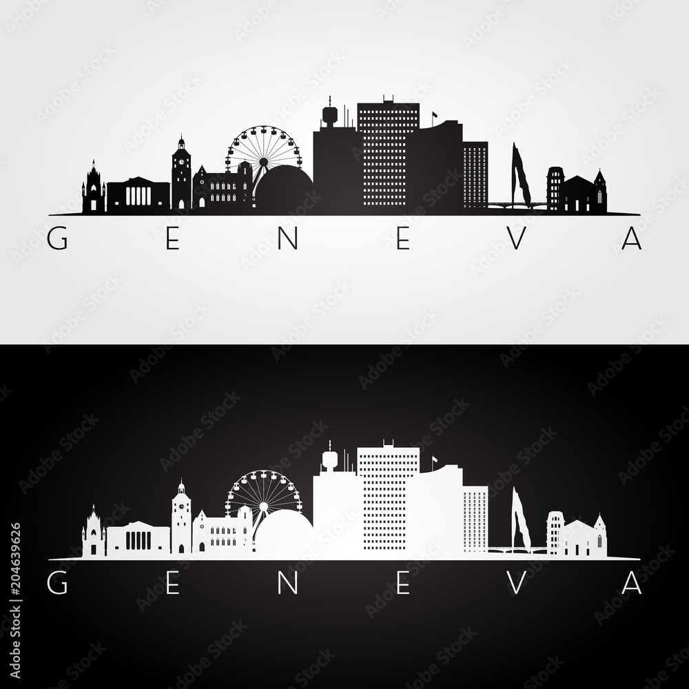 Geneva skyline and landmarks silhouette, black and white design, vector illustration.