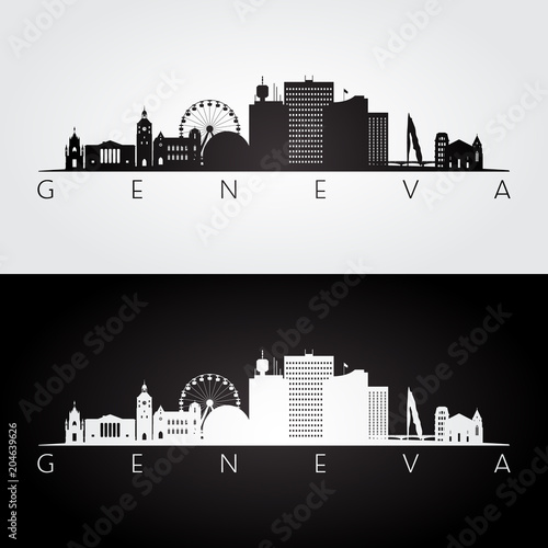 Geneva skyline and landmarks silhouette, black and white design, vector illustration.