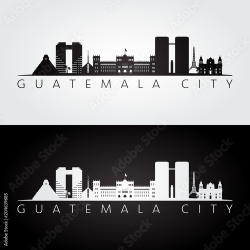 Guatemala city skyline and landmarks silhouette, black and white design, vector illustration.
