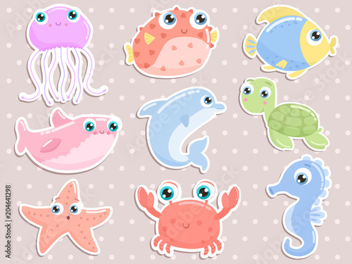 Cute sea animal stickers. Flat design.