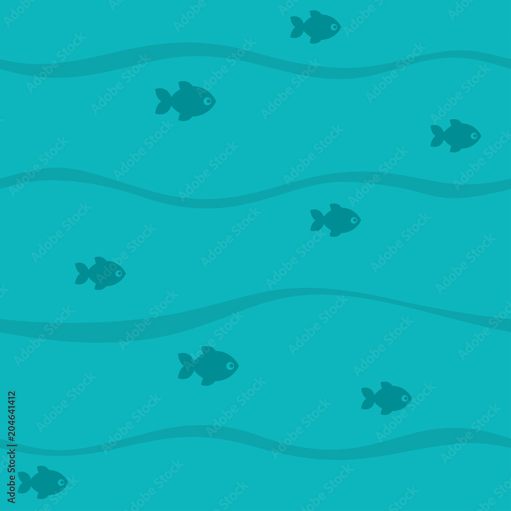 Seamless blue pattern with waves and fish