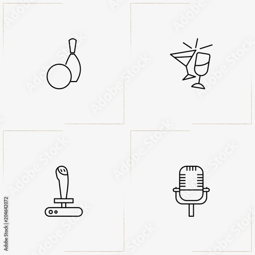 Entertaiment line icon set with stemware, bowling and game joystick