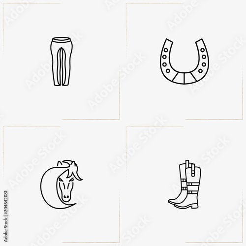 Equestrian Sport line icon set with horse, jockey uniform and jockey shoe