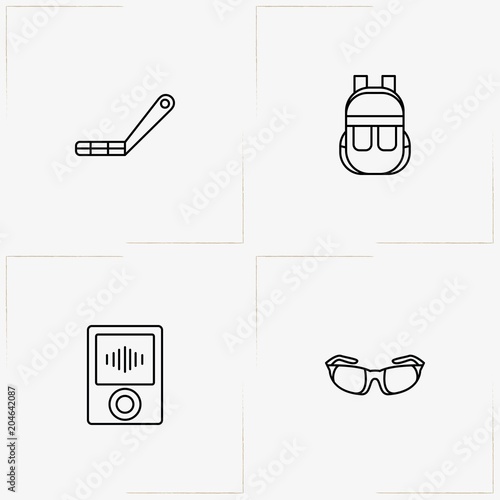 Bicycle Sport line icon set with music player, bicycle crank and backpack