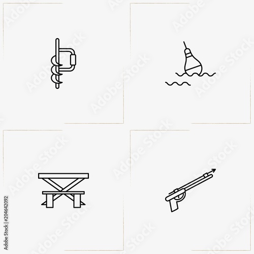 Fishing line icon set with camping table , fishing gun and ice fishing drill