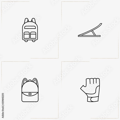 Bicycle Sport line icon set with bicycle glove, springboard and backpack