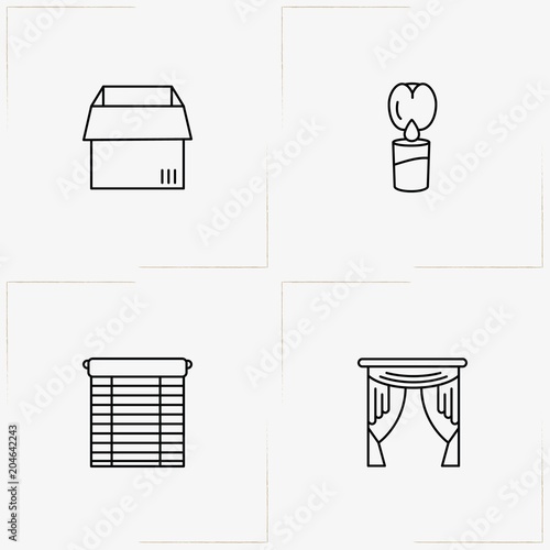 Decor line icon set with candle, box and blinds