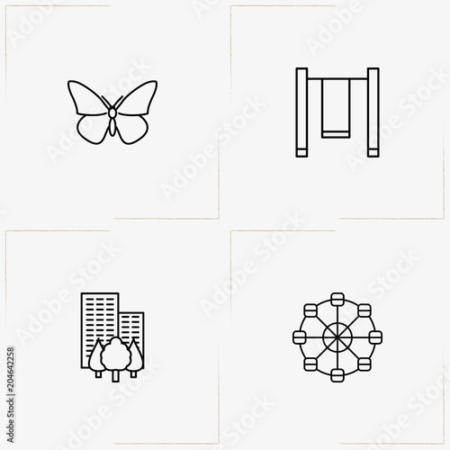 City Park line icon set with butterfly, ferris wheel and city park