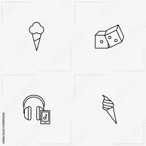 Entertaiment line icon set with music player, dice and ice cream