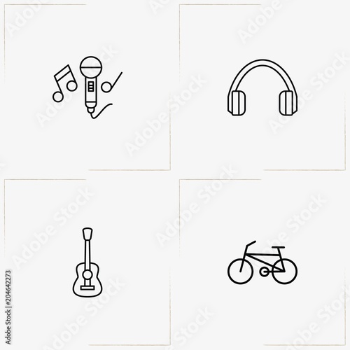 Entertaiment line icon set with microphone, bicycle and guitar