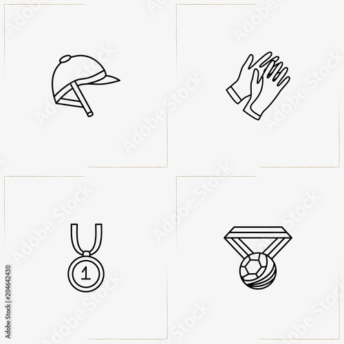 Equestrian Sport line icon set with jockey helmet , jockey gloves and medal