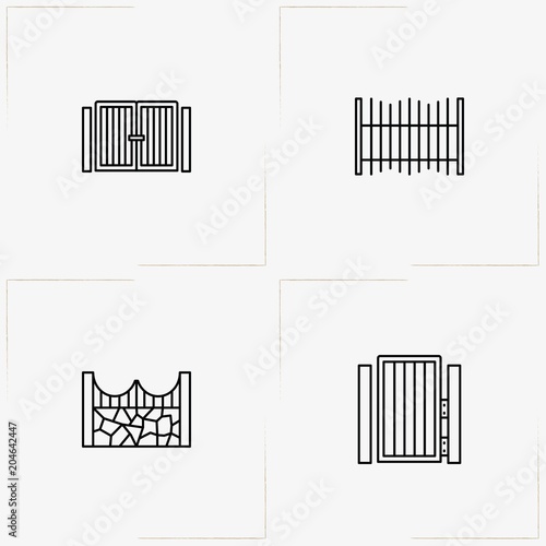Fences And Wickets line icon set with fence, wicket and gate