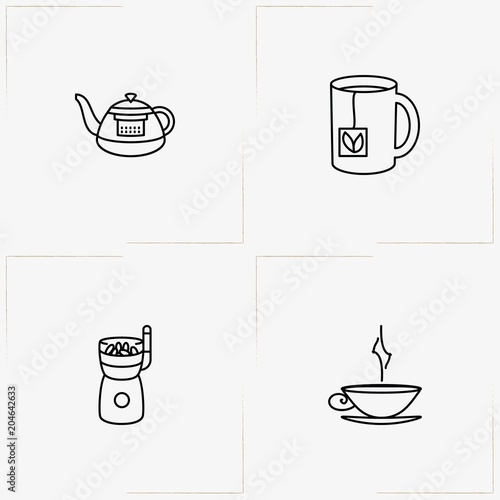 Coffee & Tea line icon set with cup of tea, coffee grinder and mug of tea